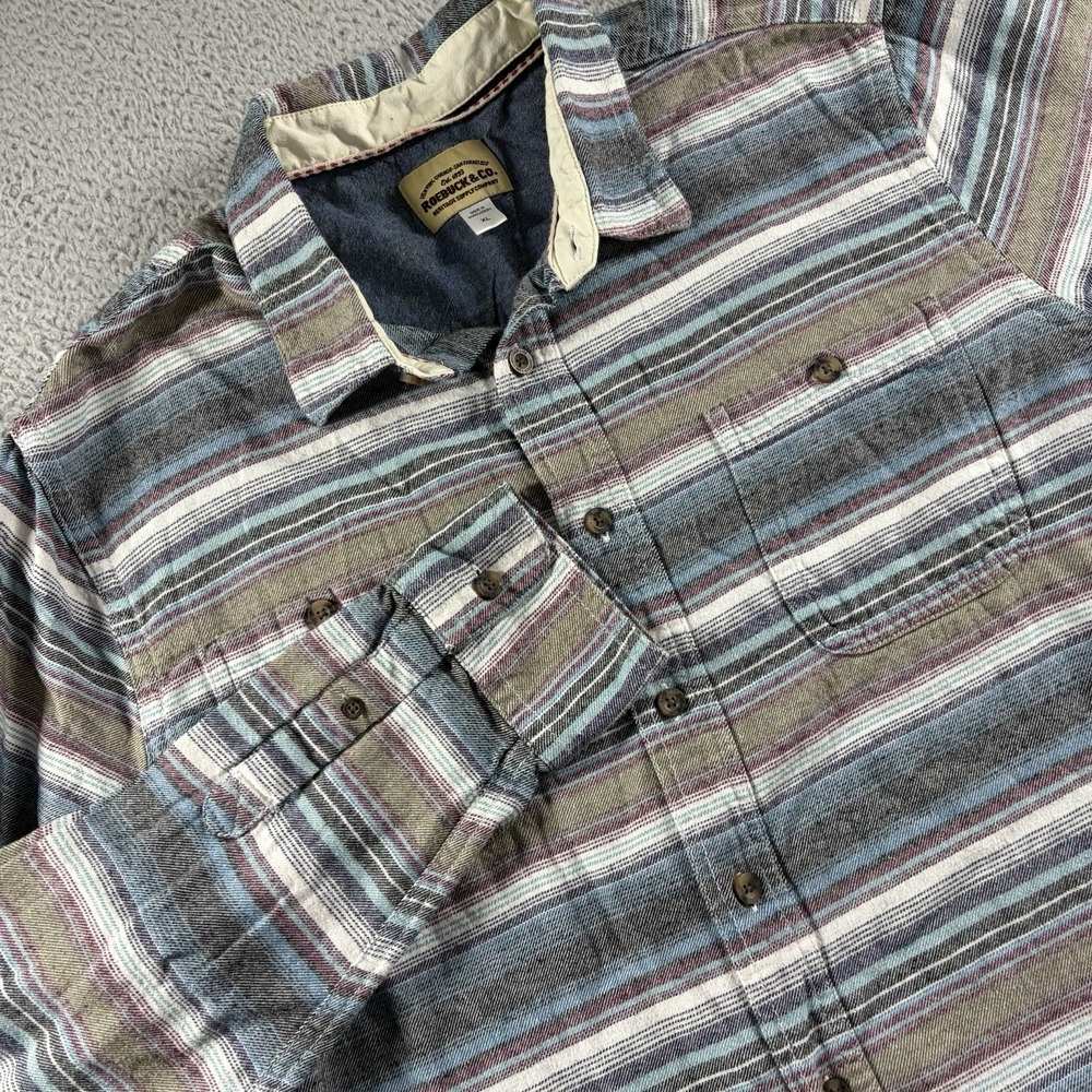 Roebuck & Co. Stripe Pattern Shirt Mens XL Blue Green Button Up Chore Aztec